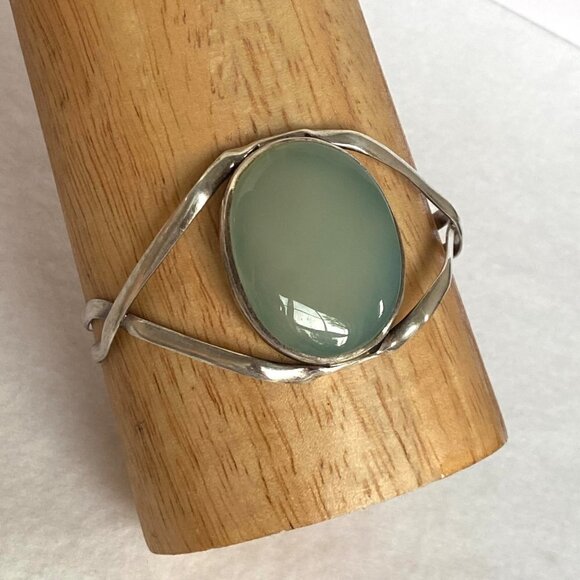 Sterling Silver 925 Large Oval Green Chalcedony Split Band Cuff Bracelet Sz 8" - Picture 12 of 16